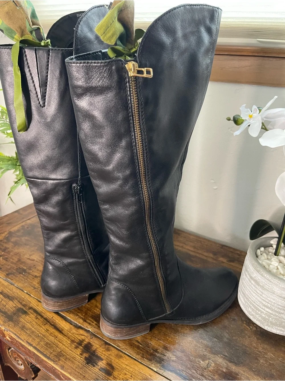 Steve Madden Black Leather Knee-High Zip Riding Boots, approx size 9